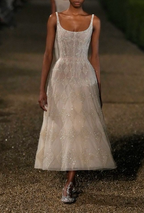 Glitter Spaghetti Straps White Tulle Sequin A Line Long Evening Dress Birthday Outfits SP1010