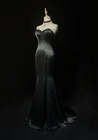 Fashion Sweetheart Neck Black Satin Beaded Mermaid Long Evening Dress Formal Wedding Guest Dress SP1959