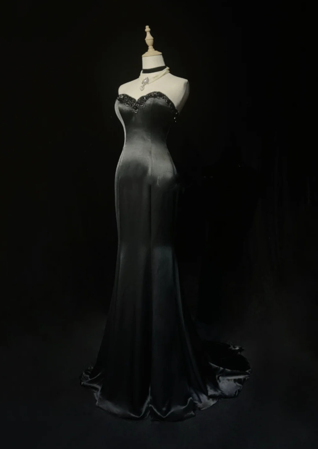 Fashion Sweetheart Neck Black Satin Beaded Mermaid Long Evening Dress Formal Wedding Guest Dress SP1959