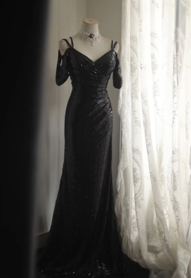 Shiny Spaghetti Straps Black Sequin Mermaid Party Dress Long Birthday Prom Gown SP1259