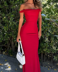 Charming Off The Shoulder Red Satin Prom Dress Mermaid Party Evening Gown cc1476