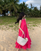 Seaside holiday style rose red white sleeveless dress high-grade layered pleated skirt R1582