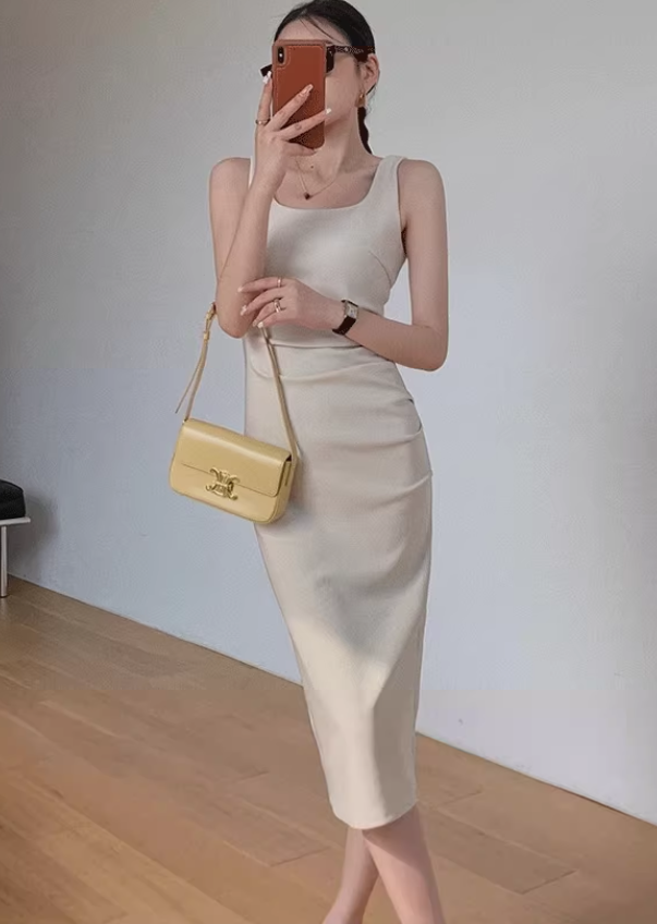 Square neck pleated slim waist suspenders long short hip-wrapped slit dress R1481