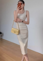 Square neck pleated slim waist suspenders long short hip-wrapped slit dress R1481
