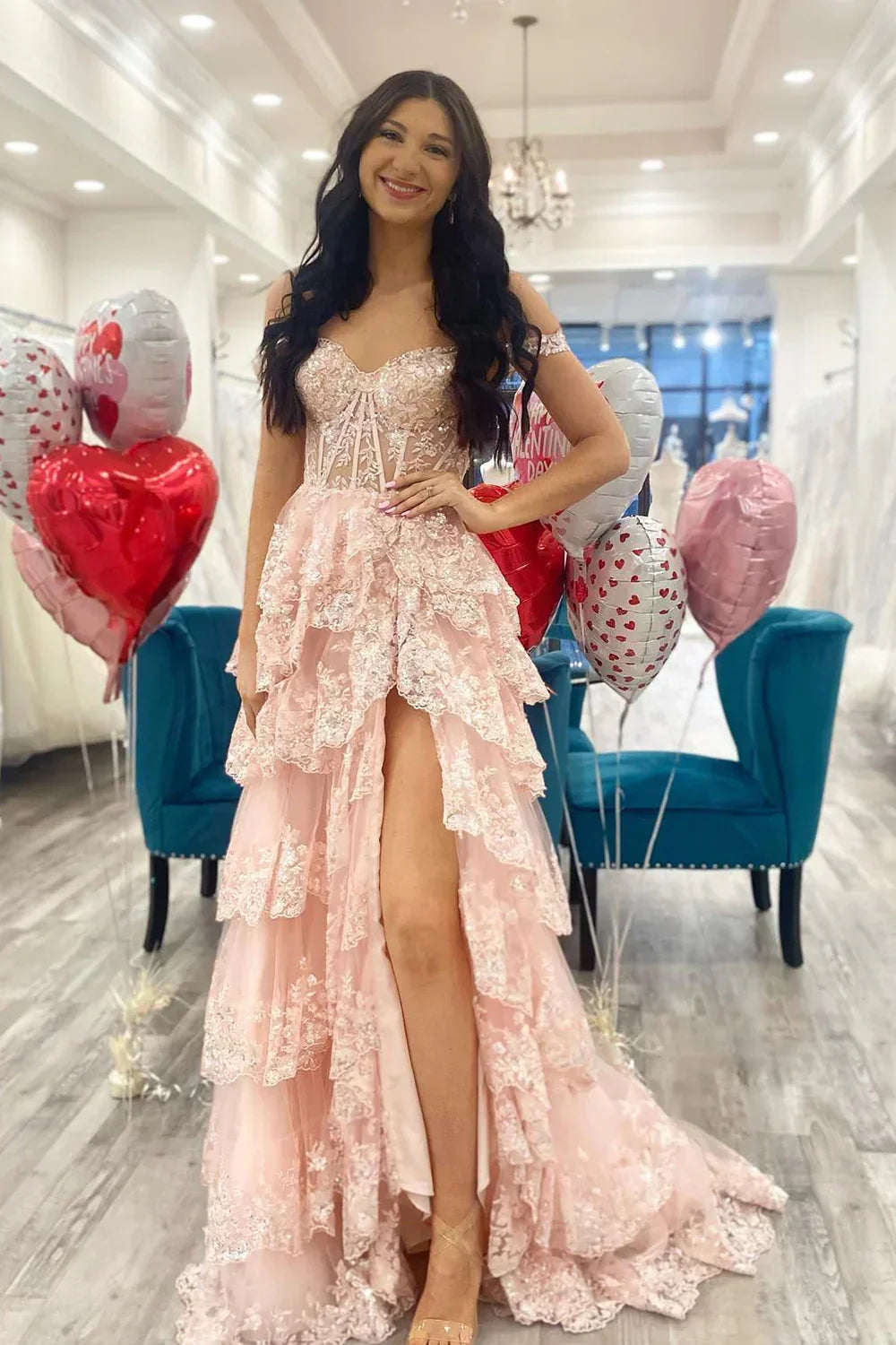 Pink Sequin Appliques Off-the-Shoulder Ruffle Tiered Long Prom Dress Evening Gown