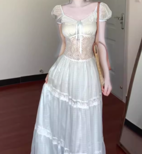 Gentle blue lace puff sleeve dress holiday temperament waist A-line long skirt R0862