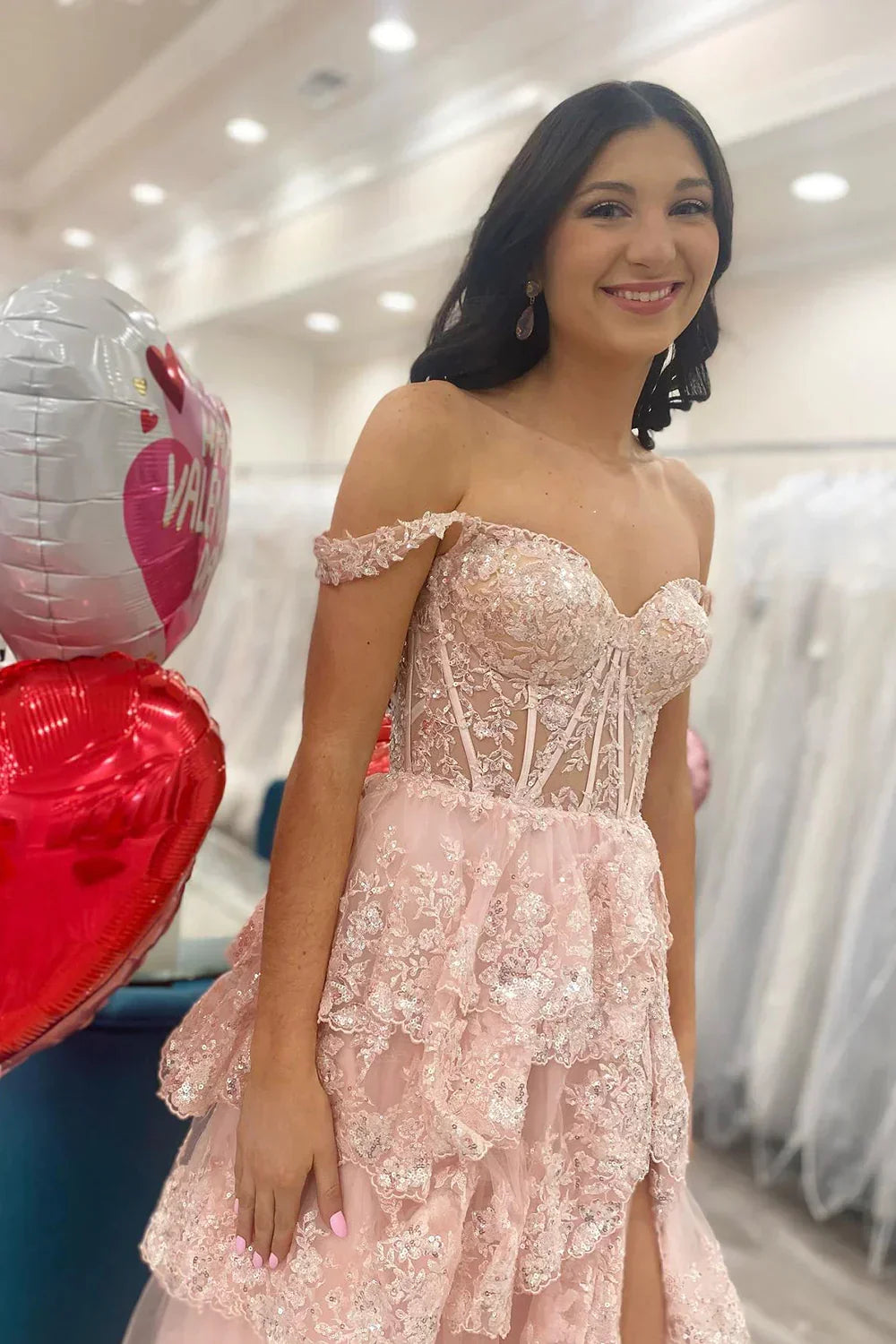 Pink Sequin Appliques Off-the-Shoulder Ruffle Tiered Long Prom Dress Evening Gown