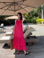 Seaside holiday style rose red white sleeveless dress high-grade layered pleated skirt R1582