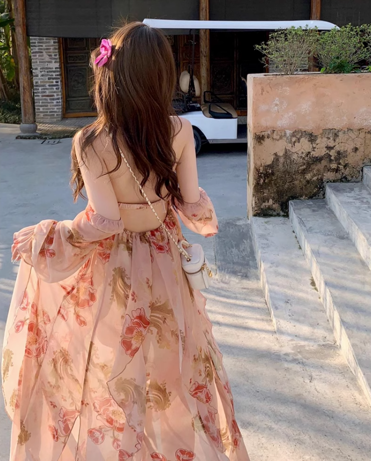 Fairy French floral suspender long dress beautiful holiday style v-neck wear backless dress R1754