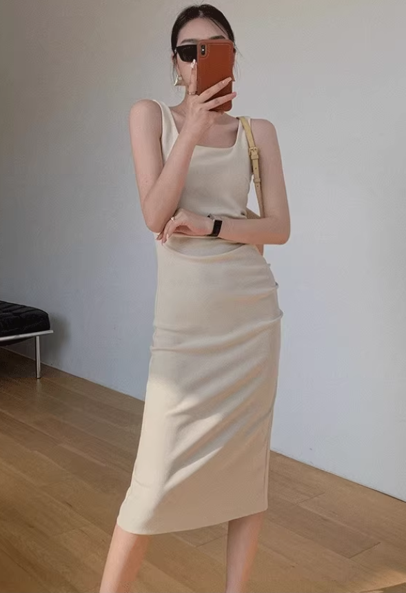 Square neck pleated slim waist suspenders long short hip-wrapped slit dress R1481