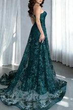 Stunning Sweetheart Neck Dark Green Satin Lace Long Prom Dress Formal Birthday Party Dress SP1766