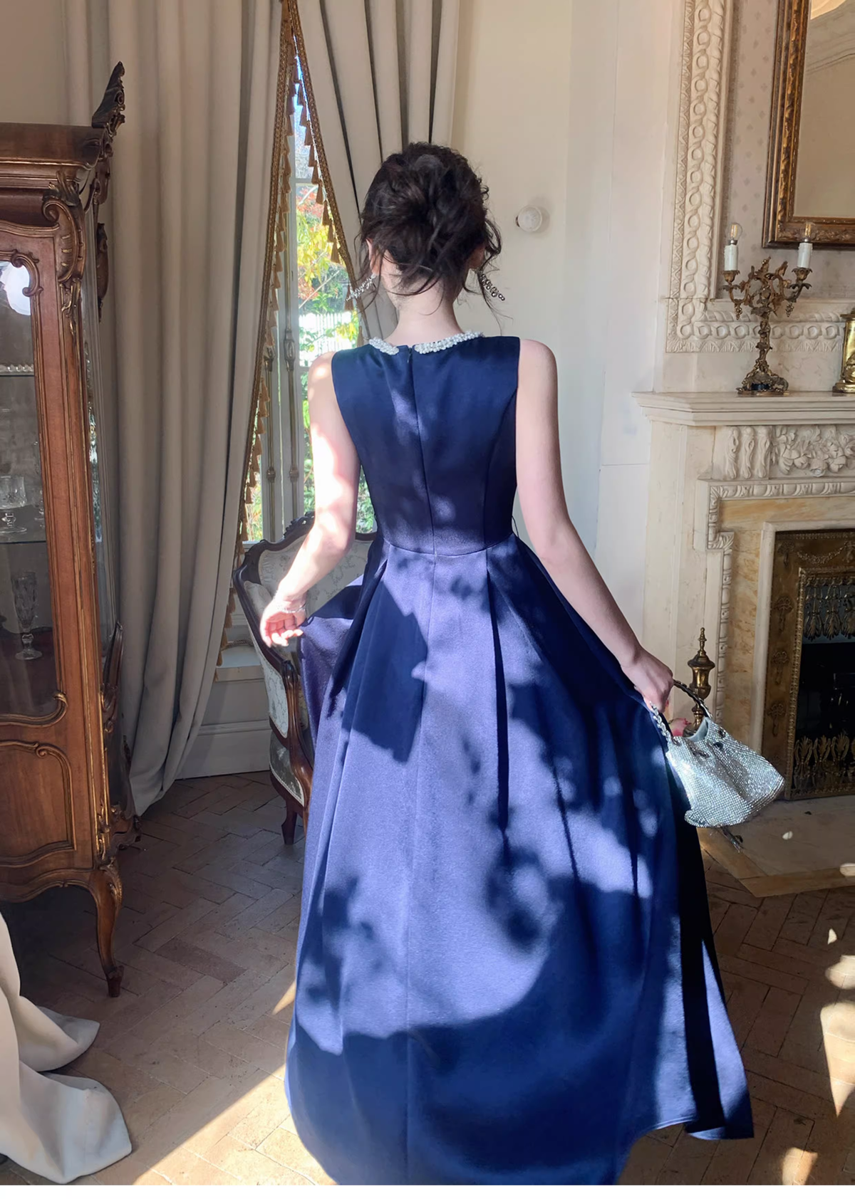 Stylish Sleeveless Navy Blue Satin Beaded A Line Long Birthday Dress Evening Gown SP1651