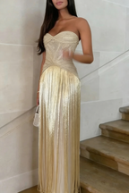 Luxurious Strapless Glos Beaded Tassel Gold Long Evening Dress Formal Birthday Dress SP2043