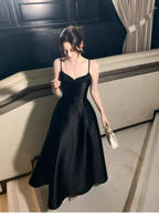 Sexy Black Spaghetti Straps Satin A Line Long Wedding Guest Dress Formal Birthday Prom Dress Party Dress SP1492