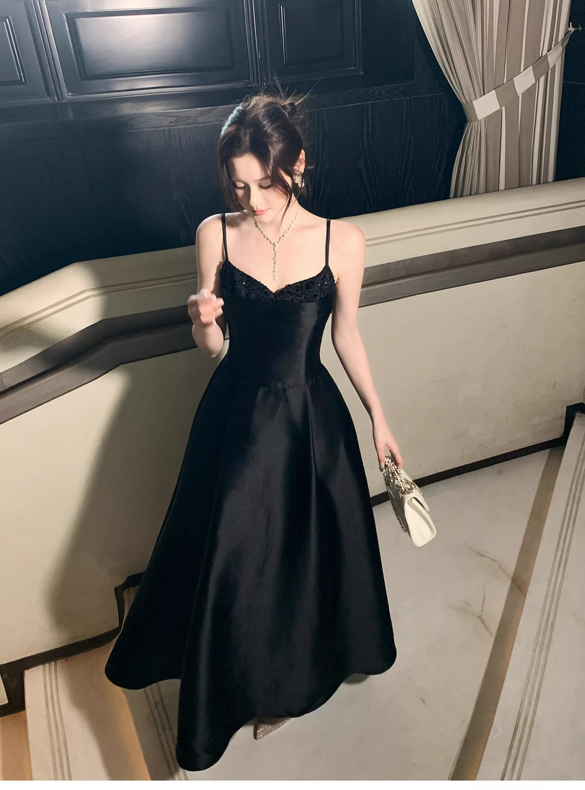 Sexy Black Spaghetti Straps Satin A Line Long Wedding Guest Dress Formal Birthday Prom Dress Party Dress SP1492