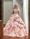 Retro Strapless Ball Gown Pink Satin Tulle Pleated Appliques Quinceanera Dress Sweet 16 Dress