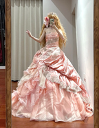 Retro Strapless Ball Gown Pink Satin Tulle Pleated Appliques Quinceanera Dress Sweet 16 Dress