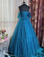 Elegant Peacock Blue Off The Tulle A Line Wedding Guest Dress Long Evening Dress Prom Dress SP1613