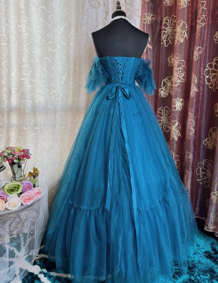 Elegant Peacock Blue Off The Tulle A Line Wedding Guest Dress Long Evening Dress Prom Dress SP1613