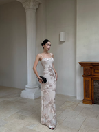 Unique Champagne Satin Floral Mermaid Evening Dress Spaghetti Straps Long Party Gown