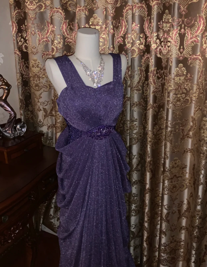 Sparkly Purple Tulle Sequin Beaded Pleated Mermaid Evening Dress Long Birthday Prom Gown