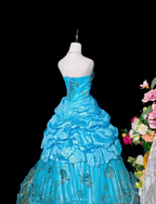 Gorgeous Strapless Quinceanera Dress Blue Satin Tulle Sequin Floral Ball Gown Sweet 16 Dress