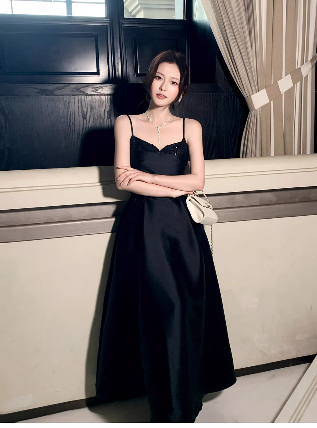 Sexy Black Spaghetti Straps Satin A Line Long Wedding Guest Dress Formal Birthday Prom Dress Party Dress SP1492