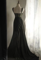 Vintage Green Satin Beaded Slit Mermaid Long Wedding Guest Dress Evening Dress SP1237