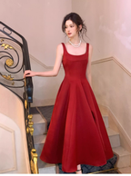 Fashion Spaghetti Strap Red Satin A Line Long Evening Dress Formal Birthday Prom Dresses SP1653