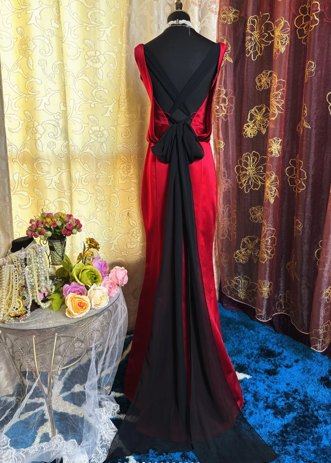 Classy Burgundy V Neck Satin Pleated Mermaid Party Dress Backless Long Birthday Prom Dress SP1949
