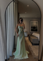 Gorgeous Strapless Green Tulle Beaded Mermaid Long Prom Dress Party Gown SP1000
