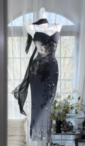 Pretty Spaghetti Straps Black Chiffon Beaded Mermaid Evening Dress Long Birthday Prom Gowns With Ribbon