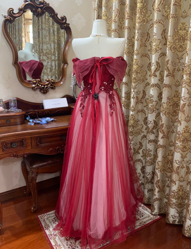 Pretty Red Off The Shoulder Tulle Beaded A Line Long Birthday Prom Dress Evening Dress SP1608