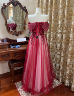 Pretty Red Off The Shoulder Tulle Beaded A Line Long Birthday Prom Dress Evening Dress SP1608