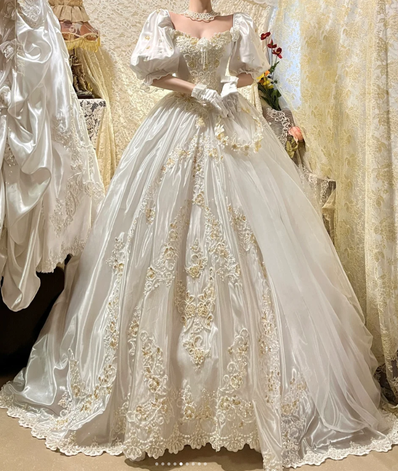 Charming Off The Shoulder White Satin Beaded Long Wedding Dress Bridal Gowns With Gloves