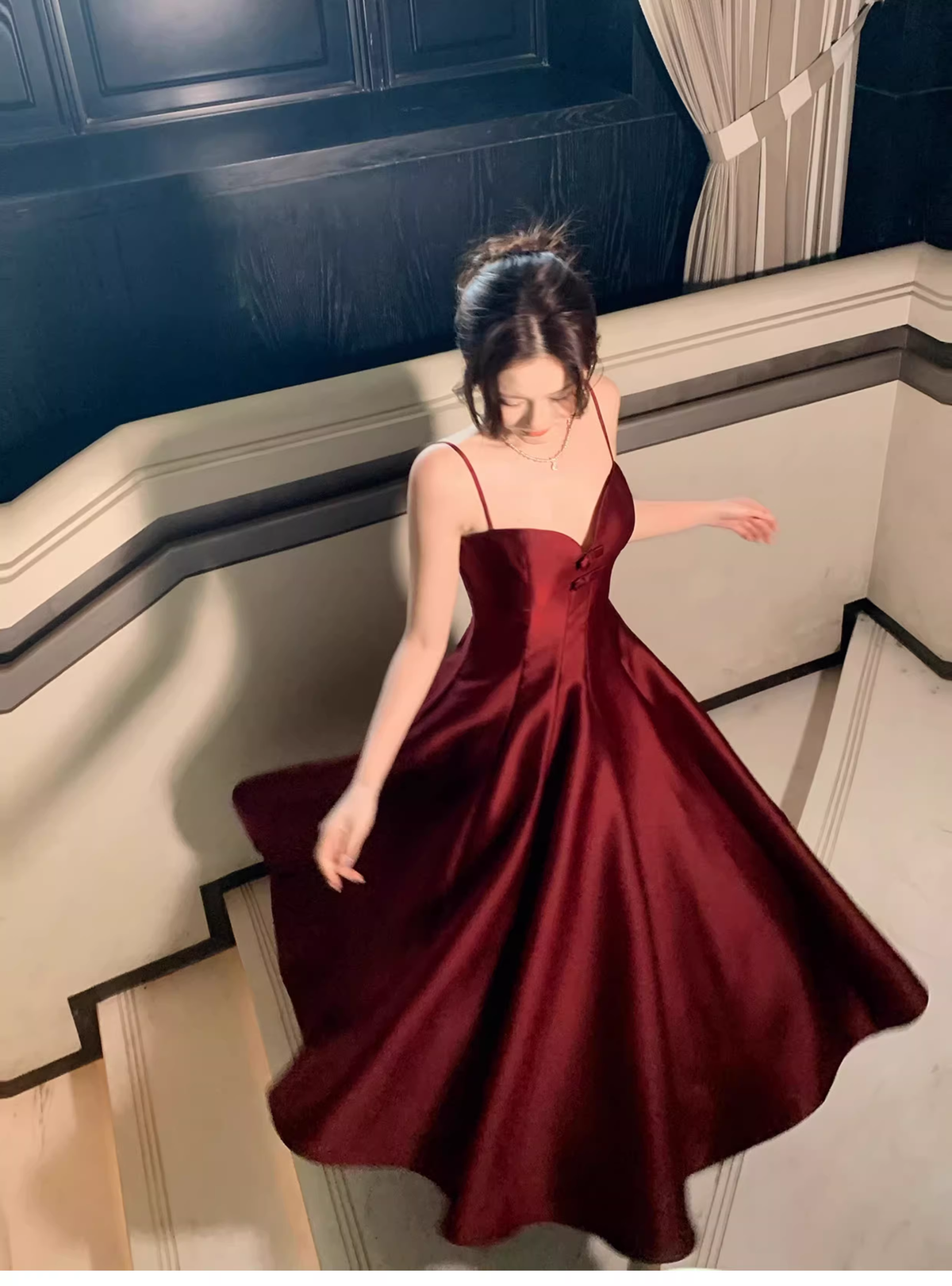Elegant Burgundy Spaghetti Straps Satin A Line Long Party Dress Formal Wedding Guest Dress SP1493