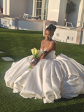 Elegant White Spaghetti Straps Satin Ball Gown Long Wedding Dress