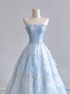 Light blue strapless, fitted waist, full skirt, long ball gown R8196