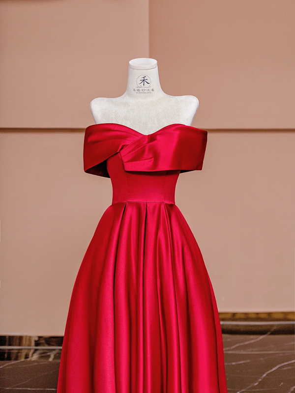 Red off-the-shoulder fitted long ball gown, bridal dress R8426