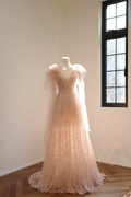 Light pink V-neck fitted A-line long ball gown, bridal dress R8553