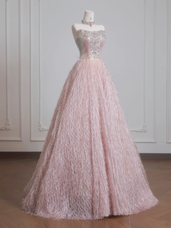 Light pink strapless, fitted waist, A-line skirt, long ball gown R8231