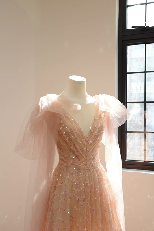 Light pink V-neck fitted A-line long ball gown, bridal dress R8553