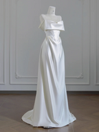White satin off-the-shoulder, fitted waist, long ball gown/bridal dress R8251