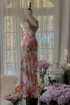 Light pink floral print halter neck fitted waist long ball gown R7726