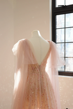 Light pink V-neck fitted A-line long ball gown, bridal dress R8553