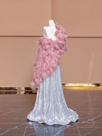Silver sequined halter neck fitted waist long ball gown R8372