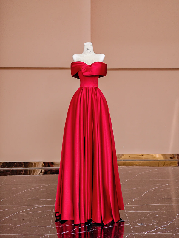 Red off-the-shoulder fitted long ball gown, bridal dress R8426