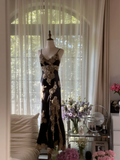 Black and gold pattern halter-neck fitted waist slim slit sexy classic ball gown R7757