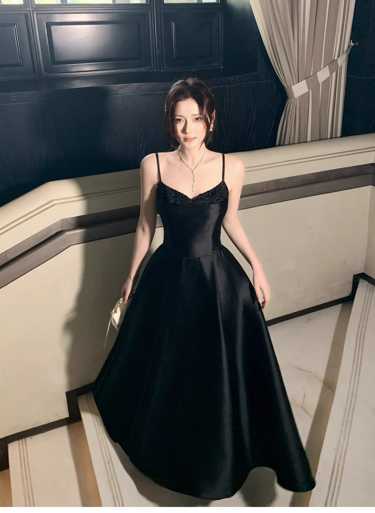 Sexy Black Spaghetti Straps Satin A Line Long Wedding Guest Dress Formal Birthday Prom Dress Party Dress SP1492