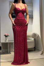 Gorgeous Hot Pink Spaghetti Straps Sequin Pleated Slit Mermaid Evening Dress Formal Prom Gown SP547